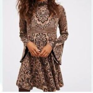 Free People brown and black floral print bell sleeve fit in Flair dress Small
